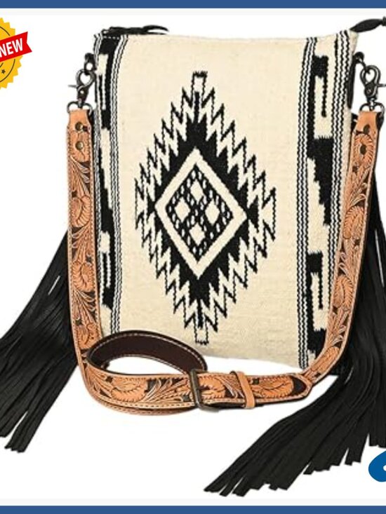 Handbags - Large Crossbody Bag with Hand Tooled Floral Leather and Woven Saddle Blanket